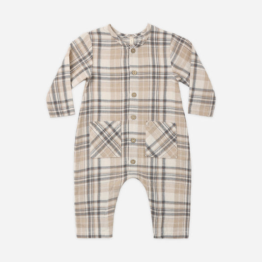 Baby wearing Quincy Mae Fall Plaid woven romper