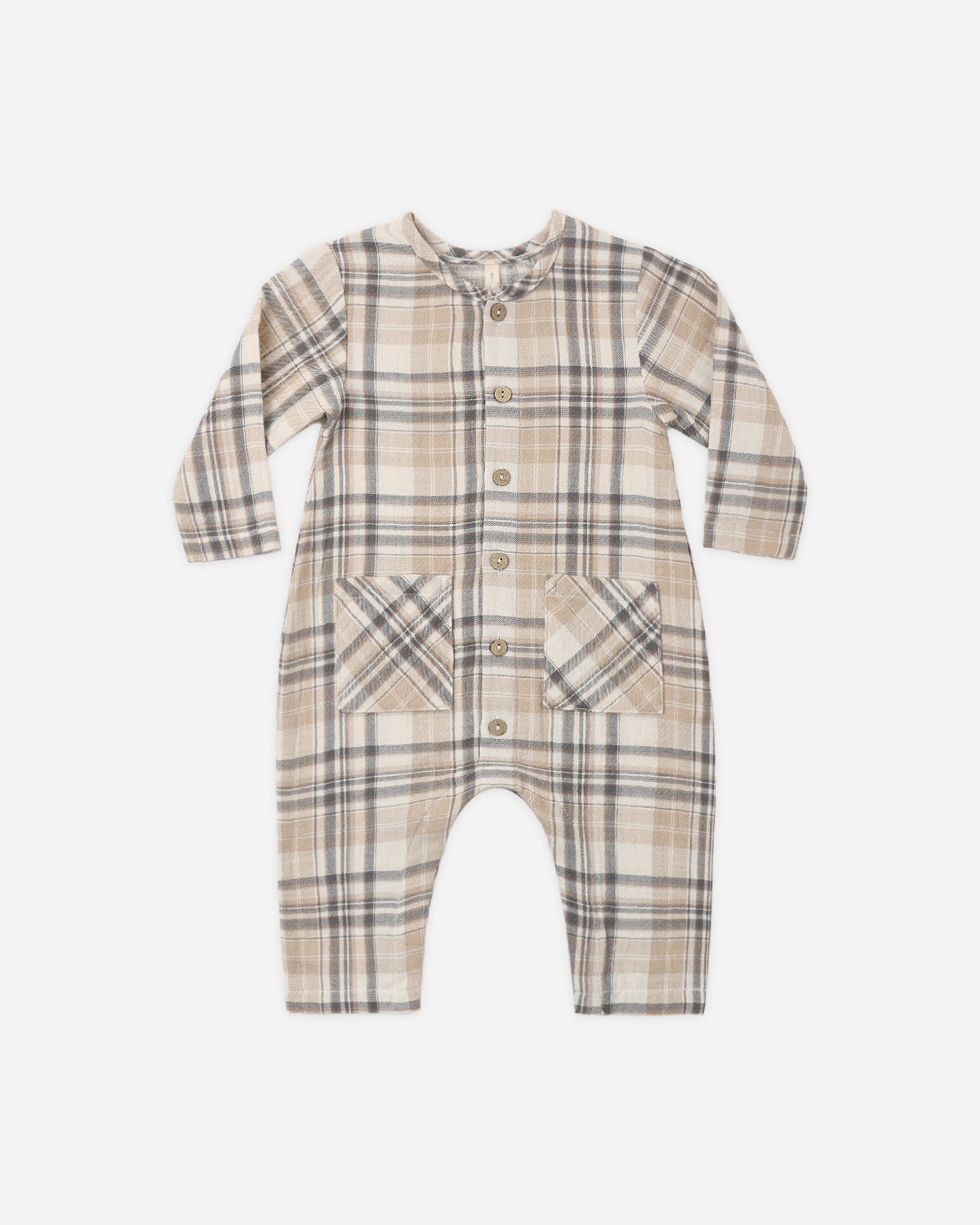 Baby wearing Quincy Mae Fall Plaid woven romper