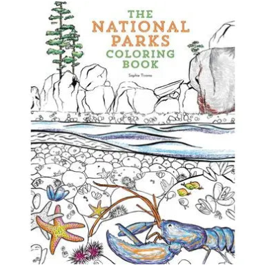 Cover of 'The National Parks Coloring Book' with illustrations of nature scenes.