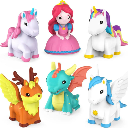 Set of colorful toy figures including unicorns and a dragon on a white background