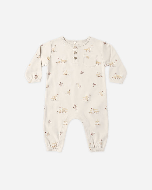 Baby wearing Quincy Mae Fox Land henley jumpsuit