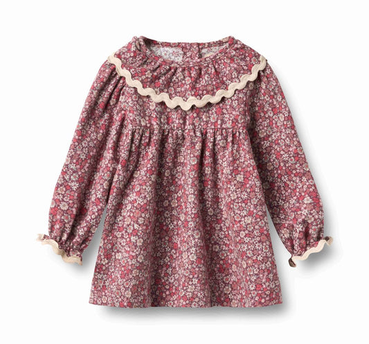 Grape floral collared long-sleeve dress on a white background