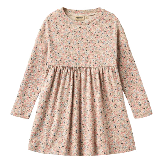 Grey cloud floral long-sleeve jersey dress for girls on a white background