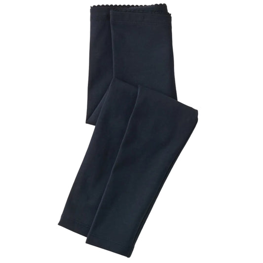 A pair of navy blue skinny leggings with a visible elastic waistband.