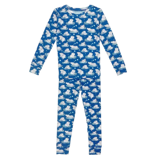 Pajama set for kids, with hippo pattern on blue background