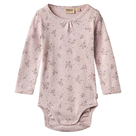 Lilac floral long-sleeve bodysuit for baby on a white background