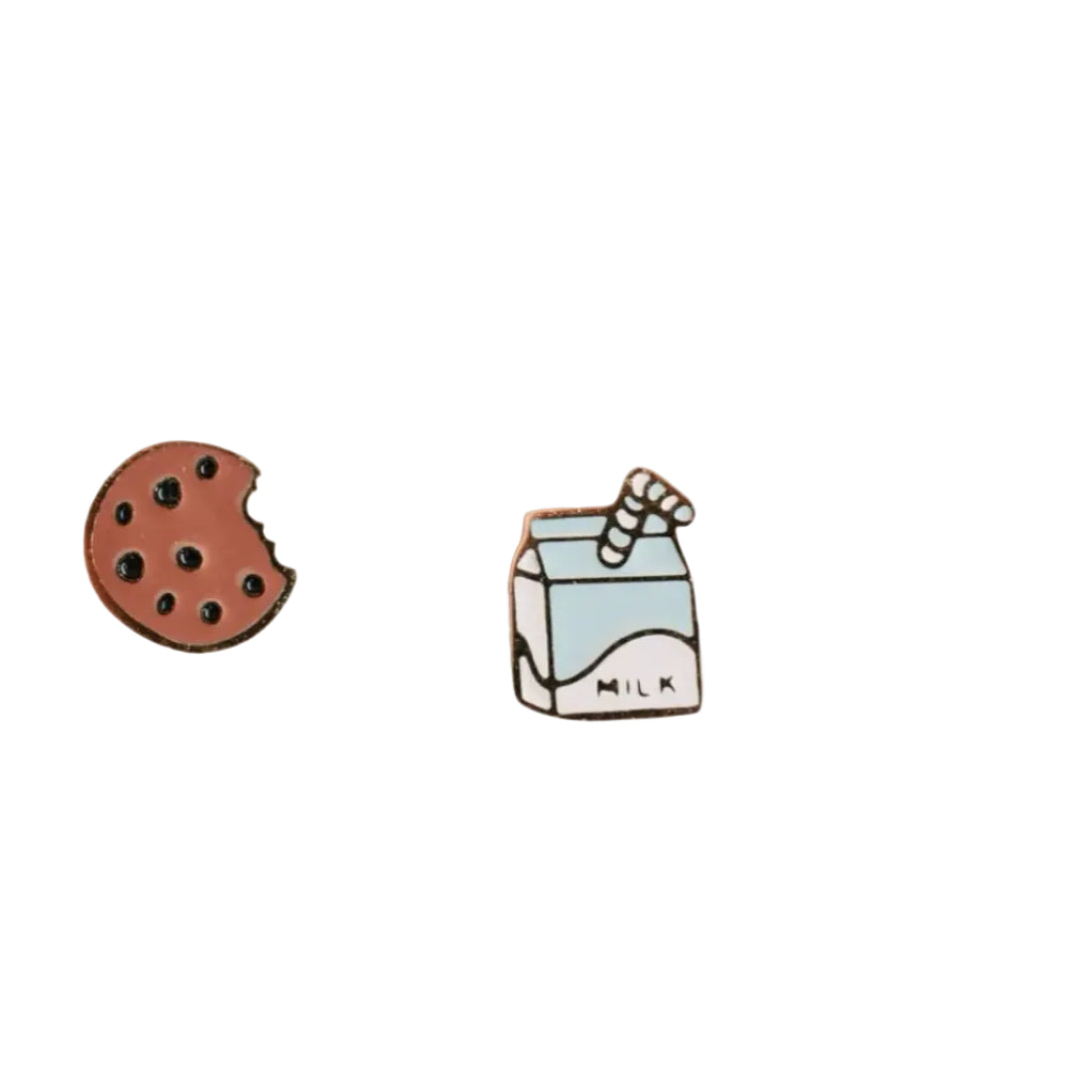 Cookie and milk carton pins on a textured white background