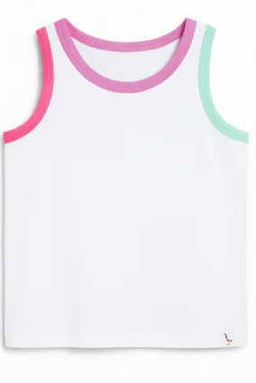 White tank with pink, purple, and teal trim around neckline and arm