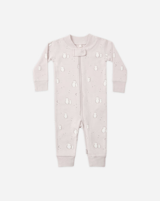 Baby wearing Quincy Mae Owls zip romper