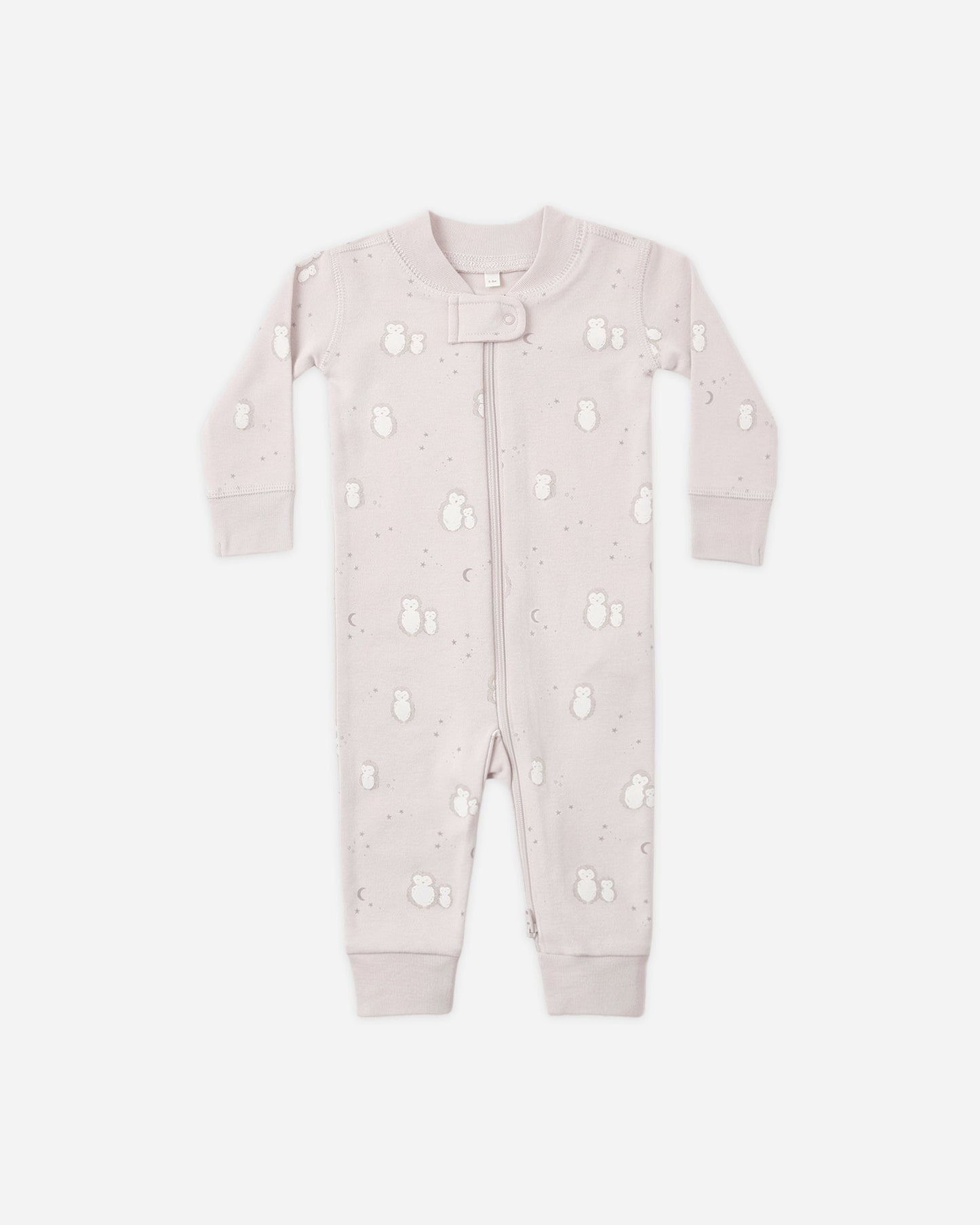 Baby wearing Quincy Mae Owls zip romper
