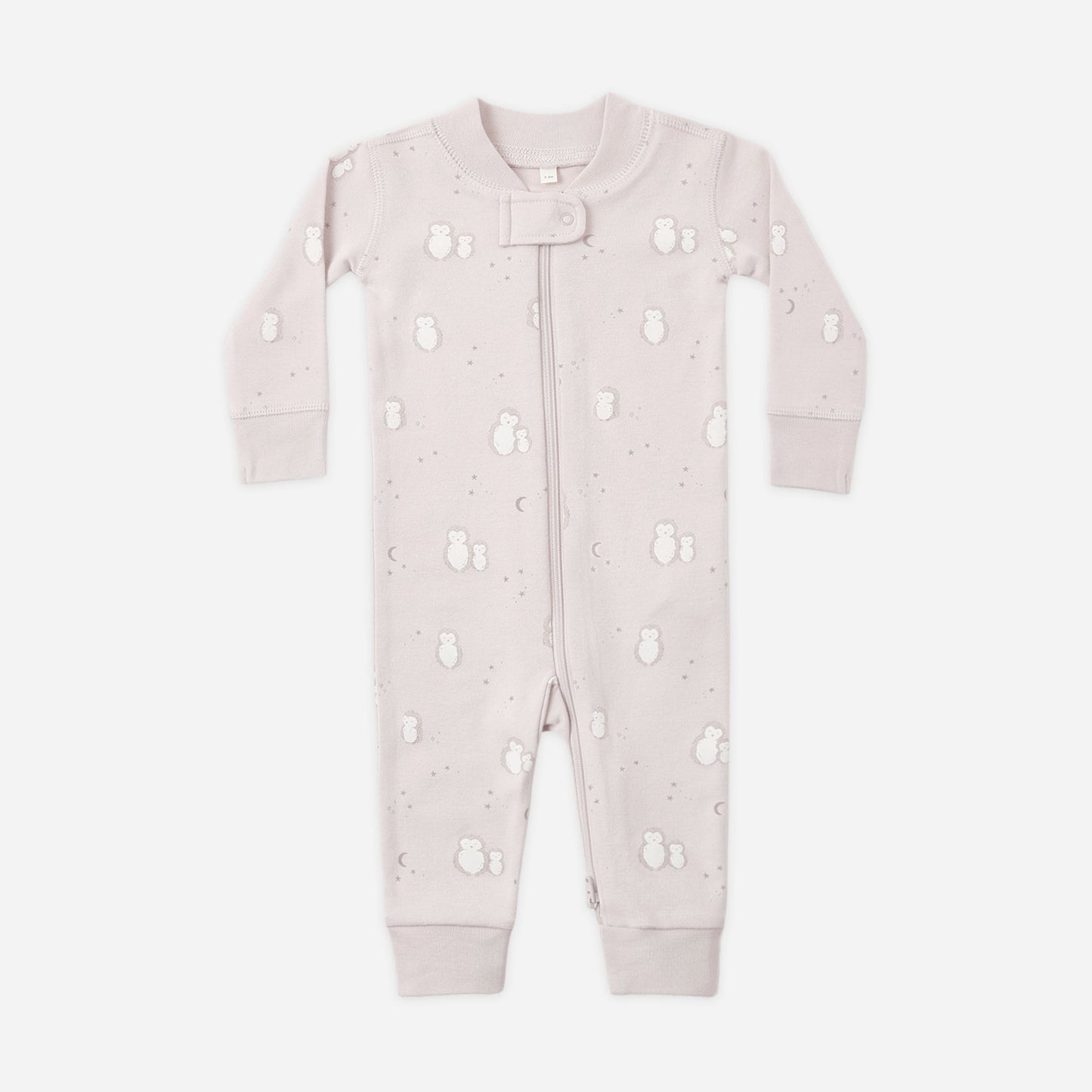 Baby wearing Quincy Mae Owls zip romper