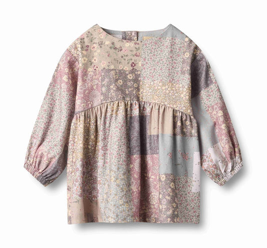 Patchwork floral long-sleeve dress for girls on a white background