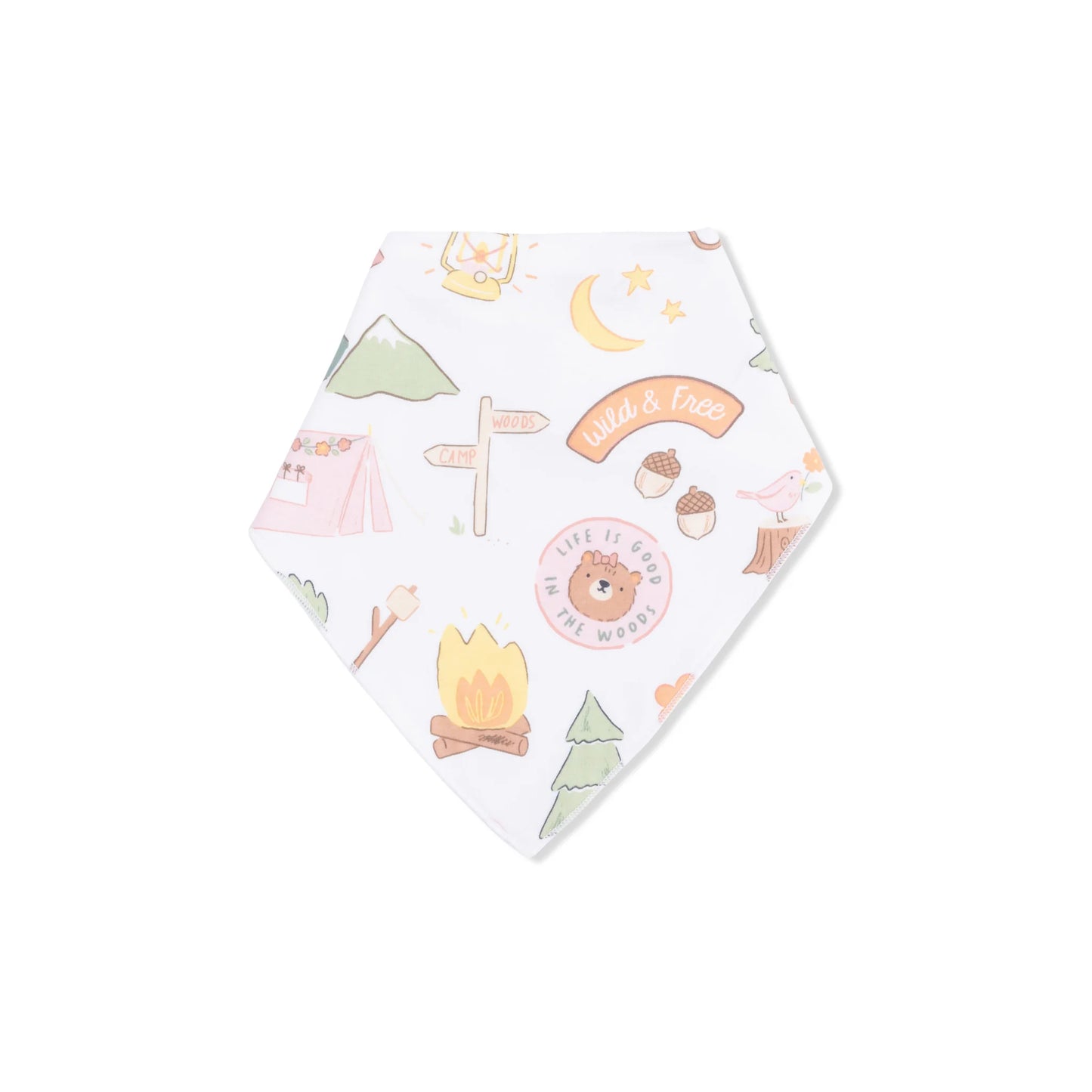 White baby bandana with pink and green campsite pattern