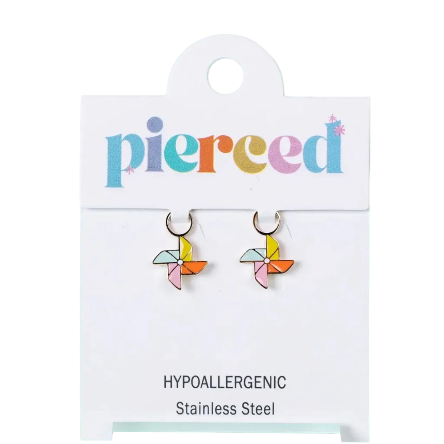Colorful earrings on a 'pierced' branded card