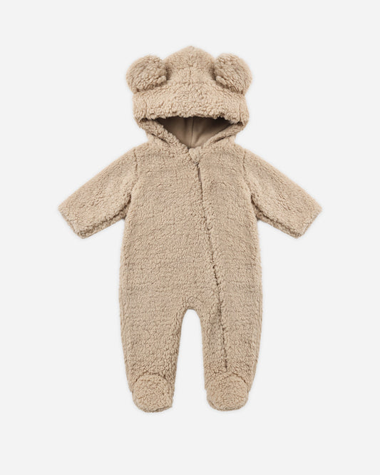 Quincy Mae Bear Jumpsuit in latte faux fur