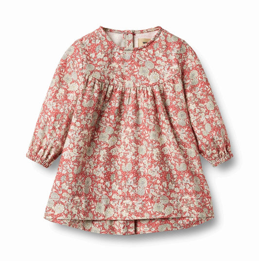 Raspberry floral long-sleeve dress for baby girls on a white background