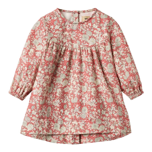Raspberry floral long-sleeve dress for girls on a white background