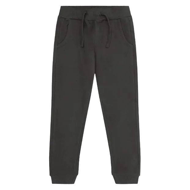 Dark charcoal gray sweatpants with an elastic waistband, drawstring, and side pockets, shown against a plain white background.