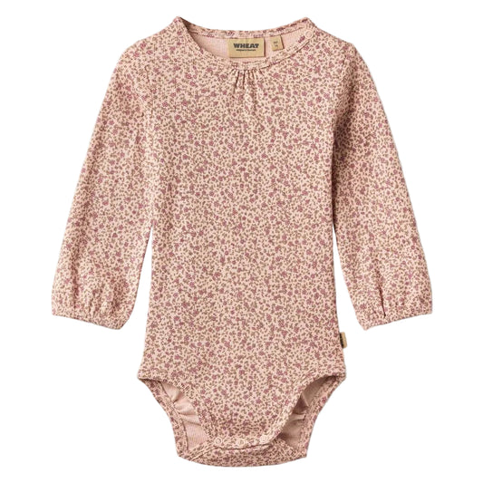 Small rose floral long-sleeve bodysuit for baby on a white background