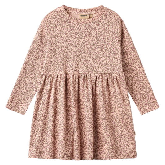 Small rose floral long-sleeve jersey dress for girls on a white background