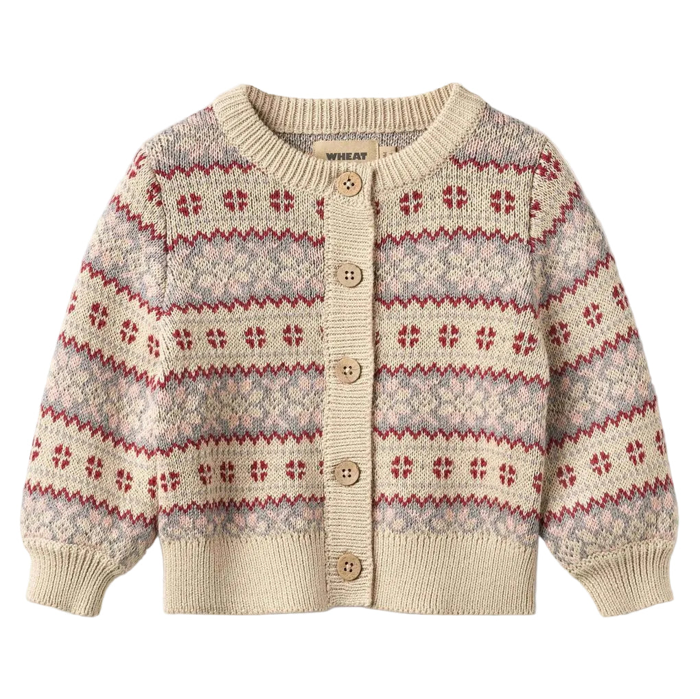 Tan jacquard knit cardigan for girls on a white background