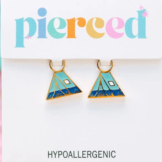 Triangle-shaped earrings on a 'pierceed' branded card with colorful text.