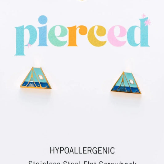 Triangle-shaped earrings on a 'pierced' branded card with hypoallergenic and stainless steel information.
