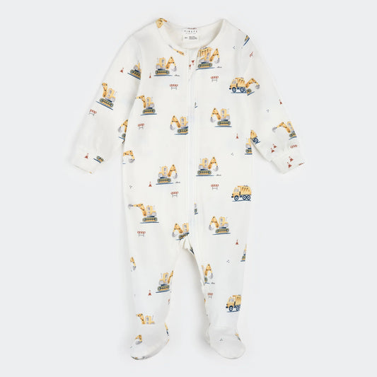 White baby zip pajama with construction vehicle print