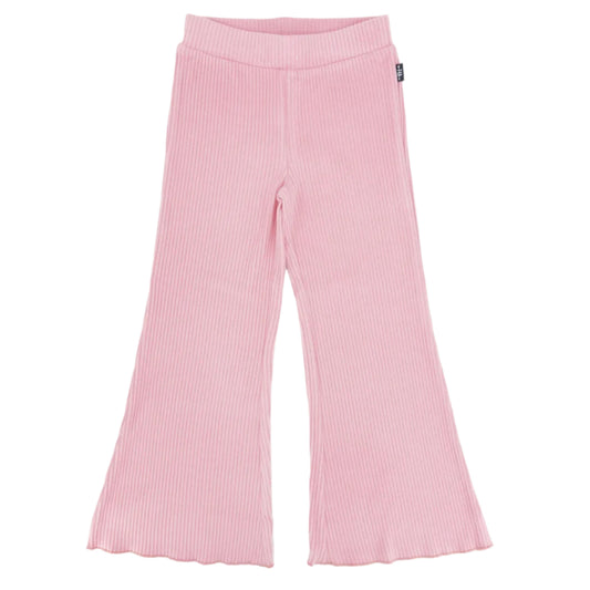 Pink ribbed bell bottom pants with a wide rib knit fabric.