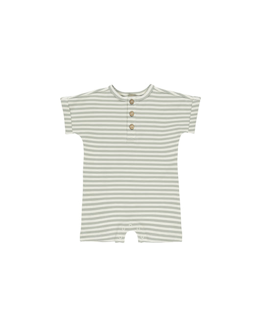 A short-sleeved striped baby romper in green and white, with button closures at the chest.