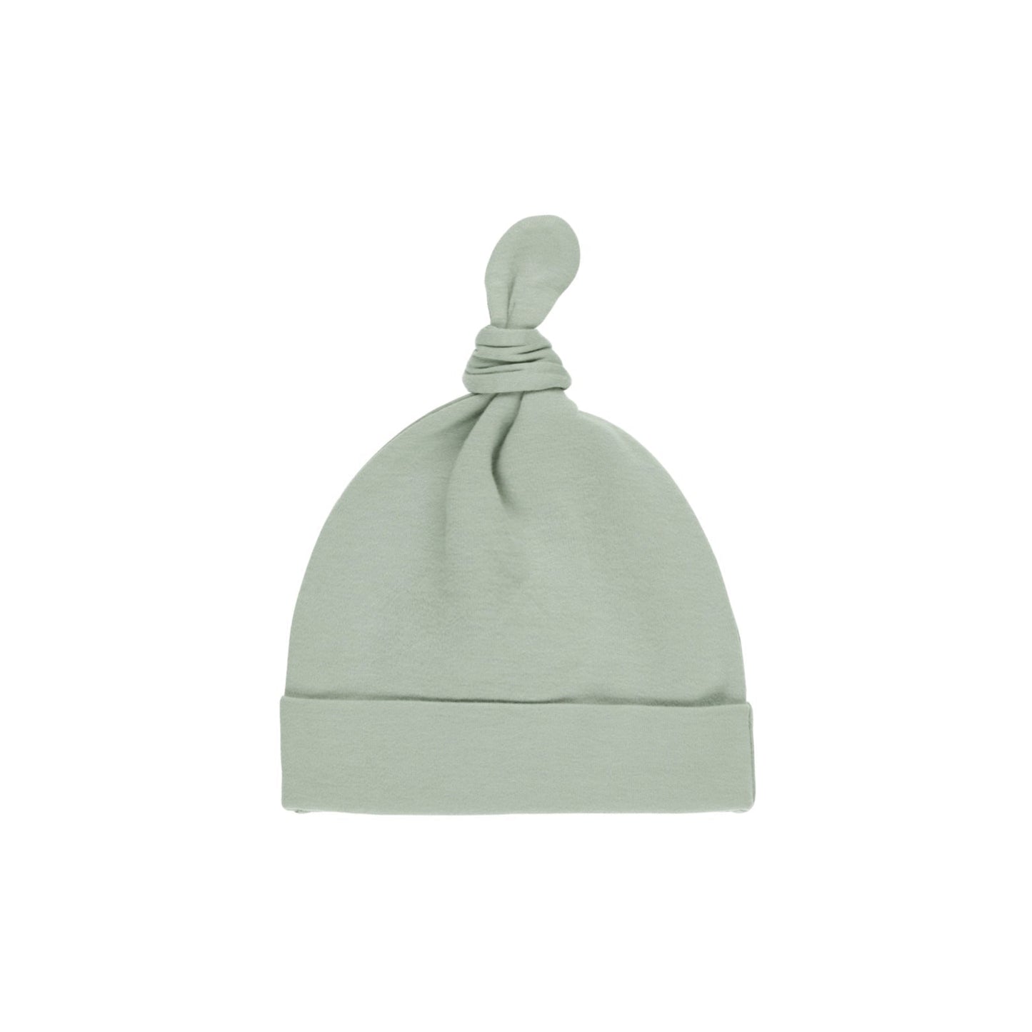A solid mint green baby hat made from organic cotton, with a knot at the top.