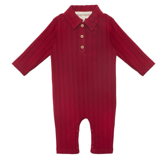 Red baby romper with collar on a white background