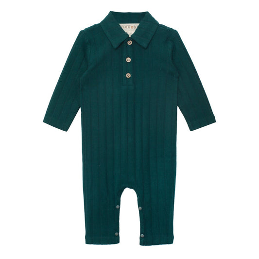 Green baby romper with collar on a white background