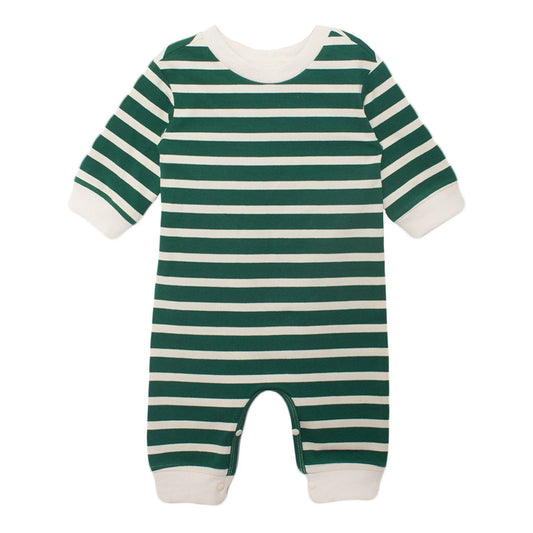 Green and white striped baby onesie on a white background