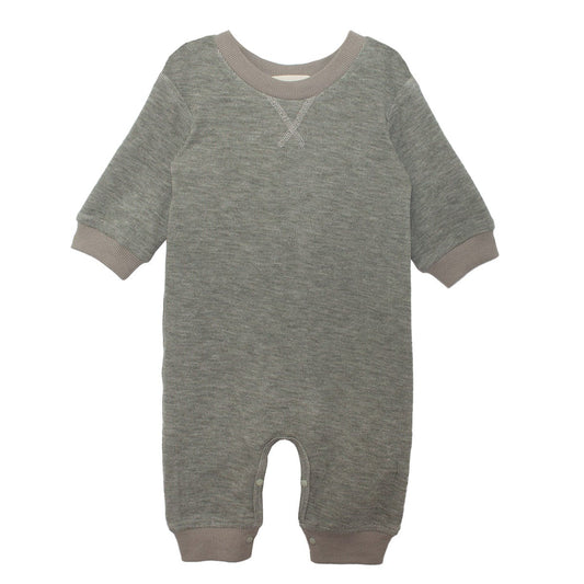 Gray baby romper with brown trim on a white background