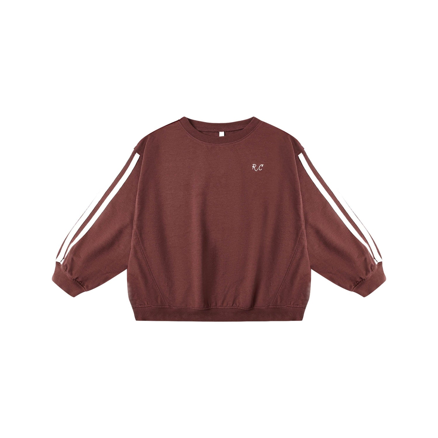 Burgundy sweatshirt with white stripes on sleeves on a white background