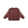 Burgundy sweatshirt with white stripes on sleeves on a white background