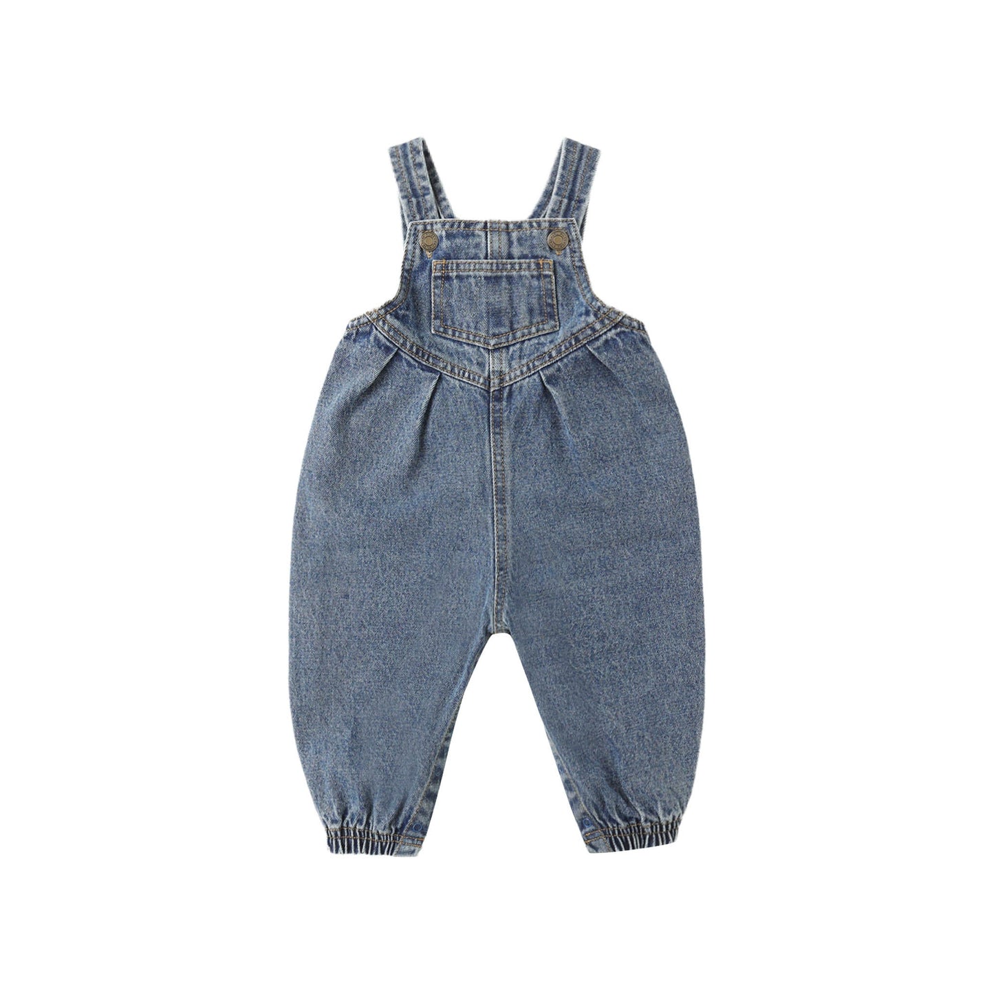 Blue denim overalls on a white background