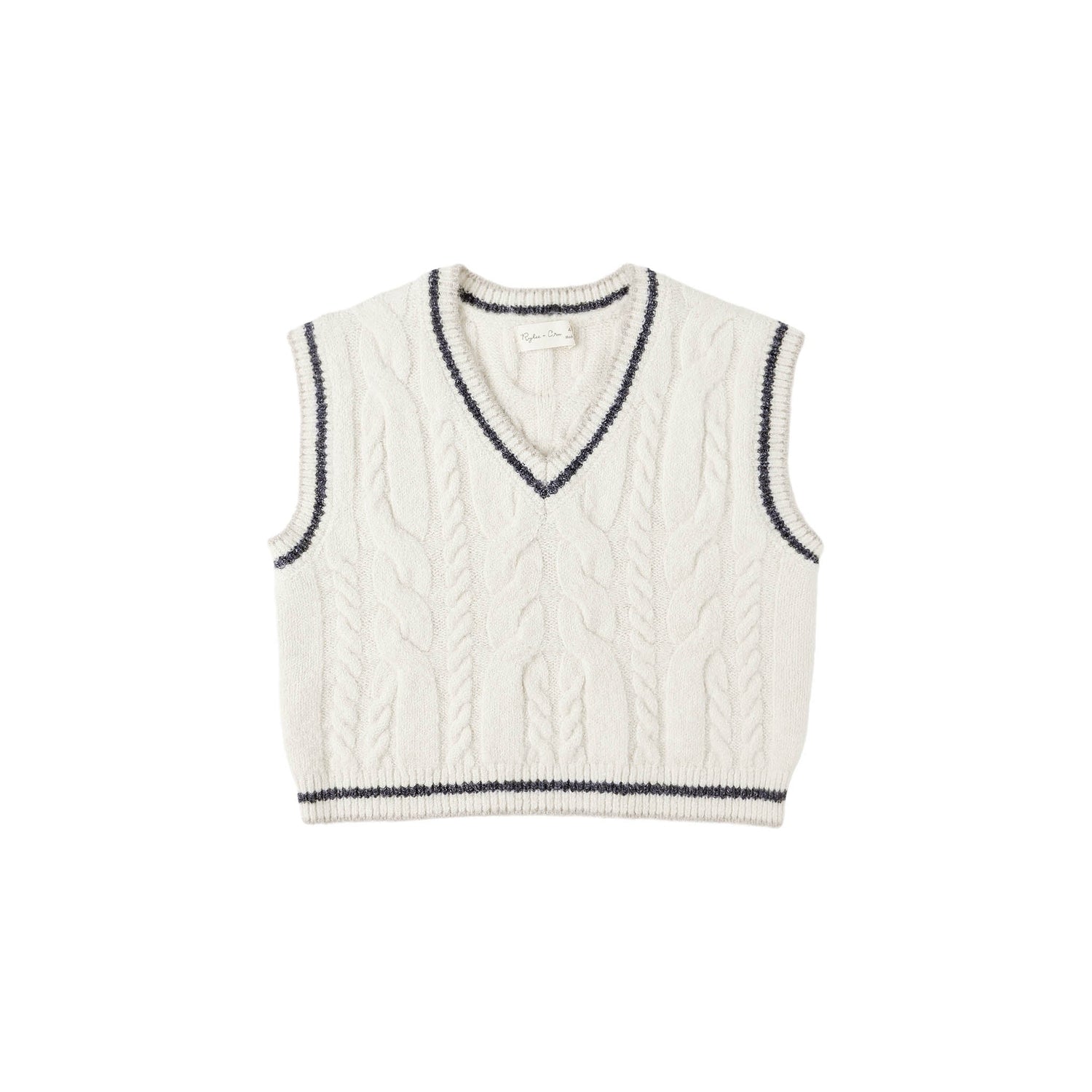 White cable knit vest with black trim on a white background