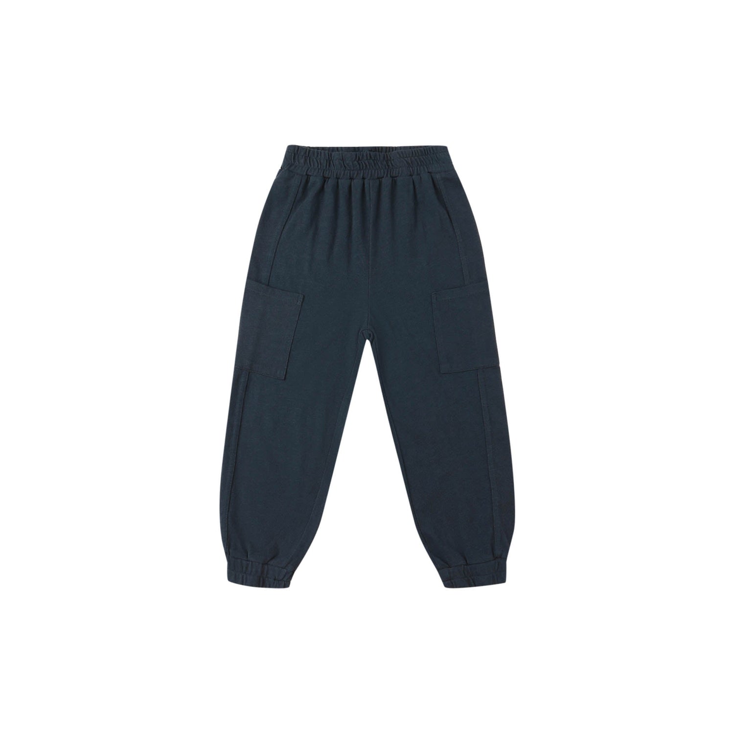 Dark blue cargo pants on a white background