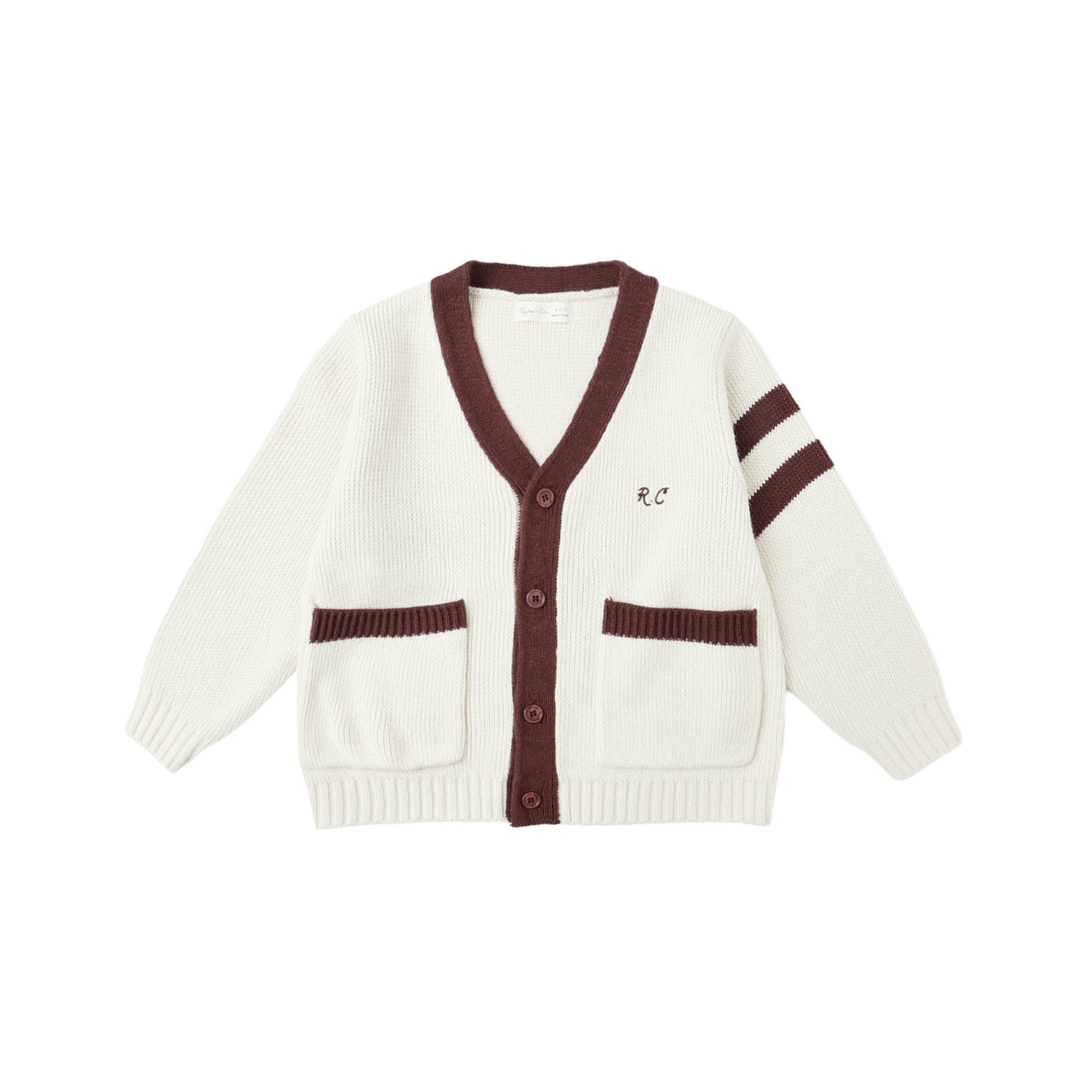 White cardigan with burgundy trim on a white background