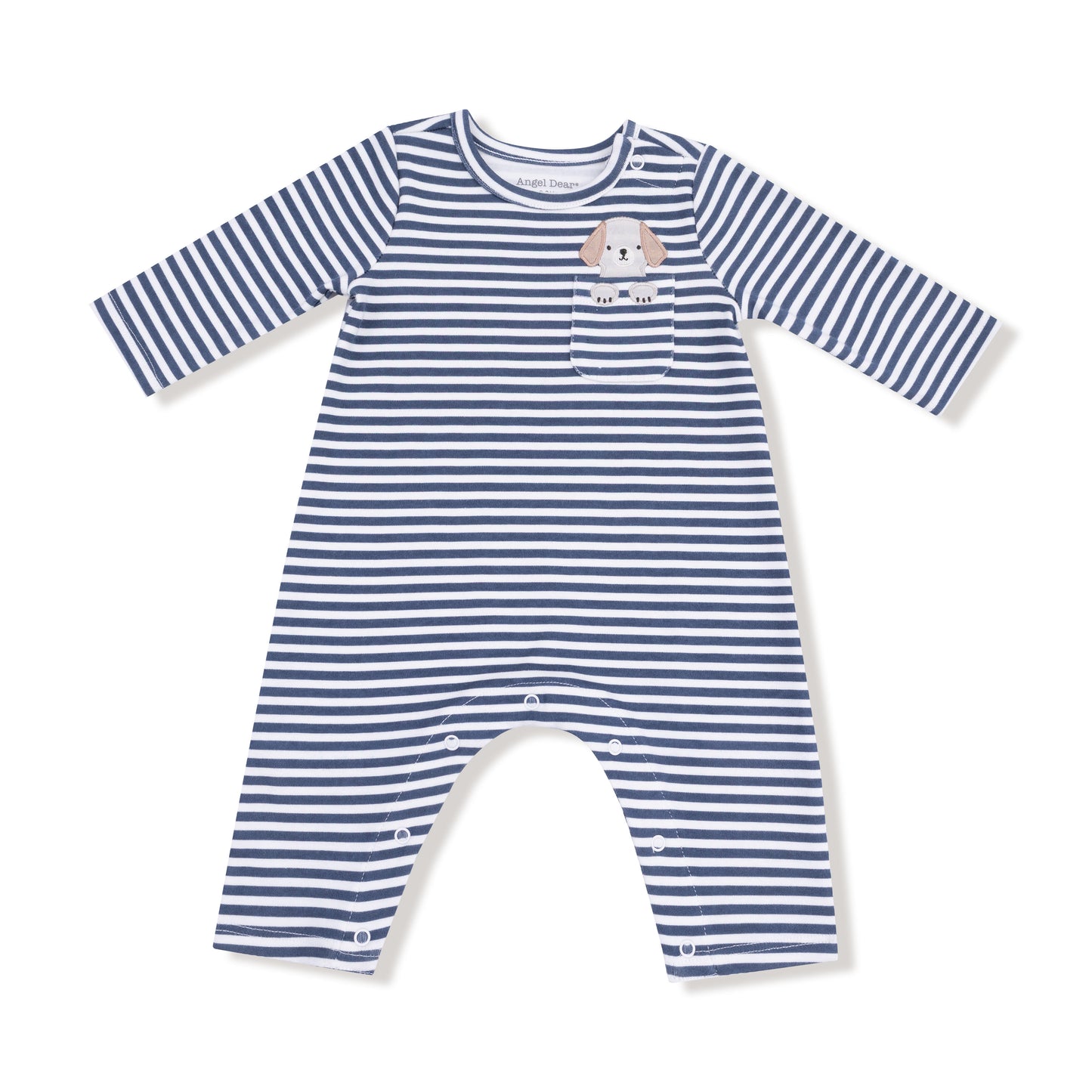 Blue and white striped baby romper with a cartoon character on a white background