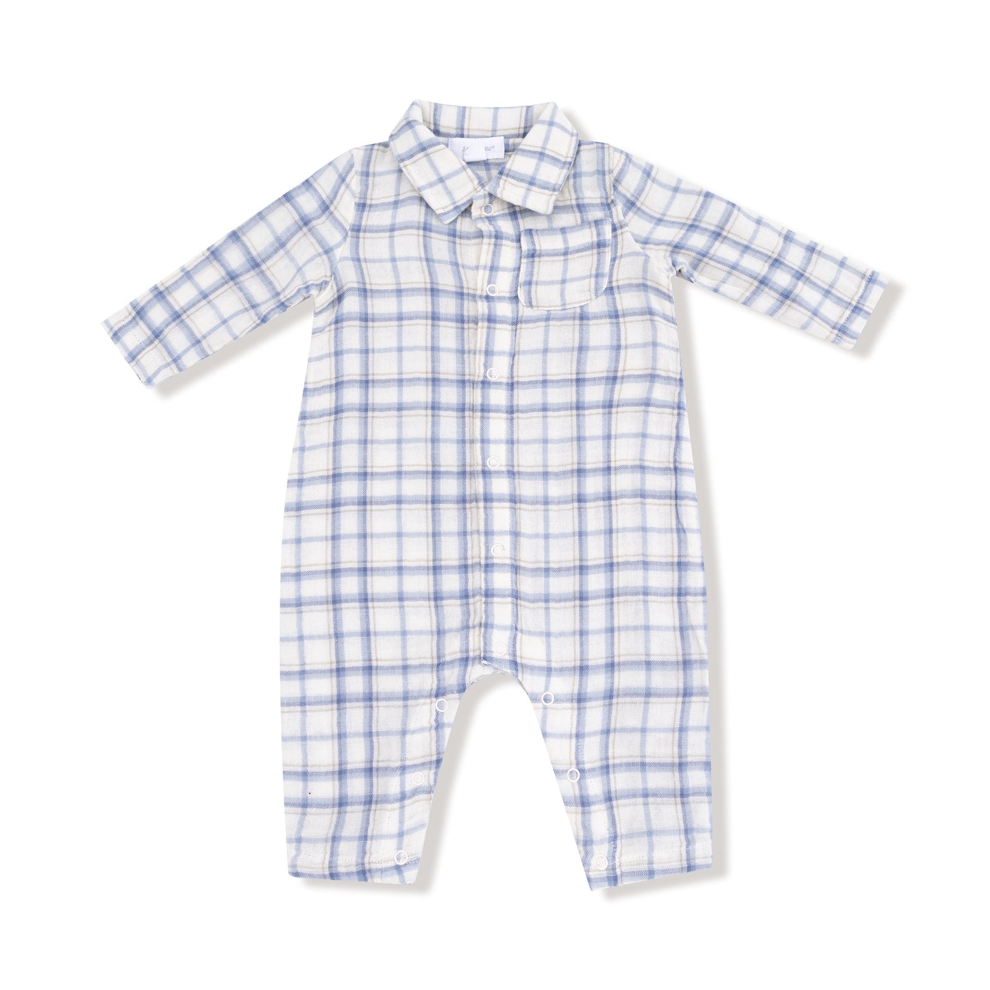 Blue and white checkered baby romper on a white background