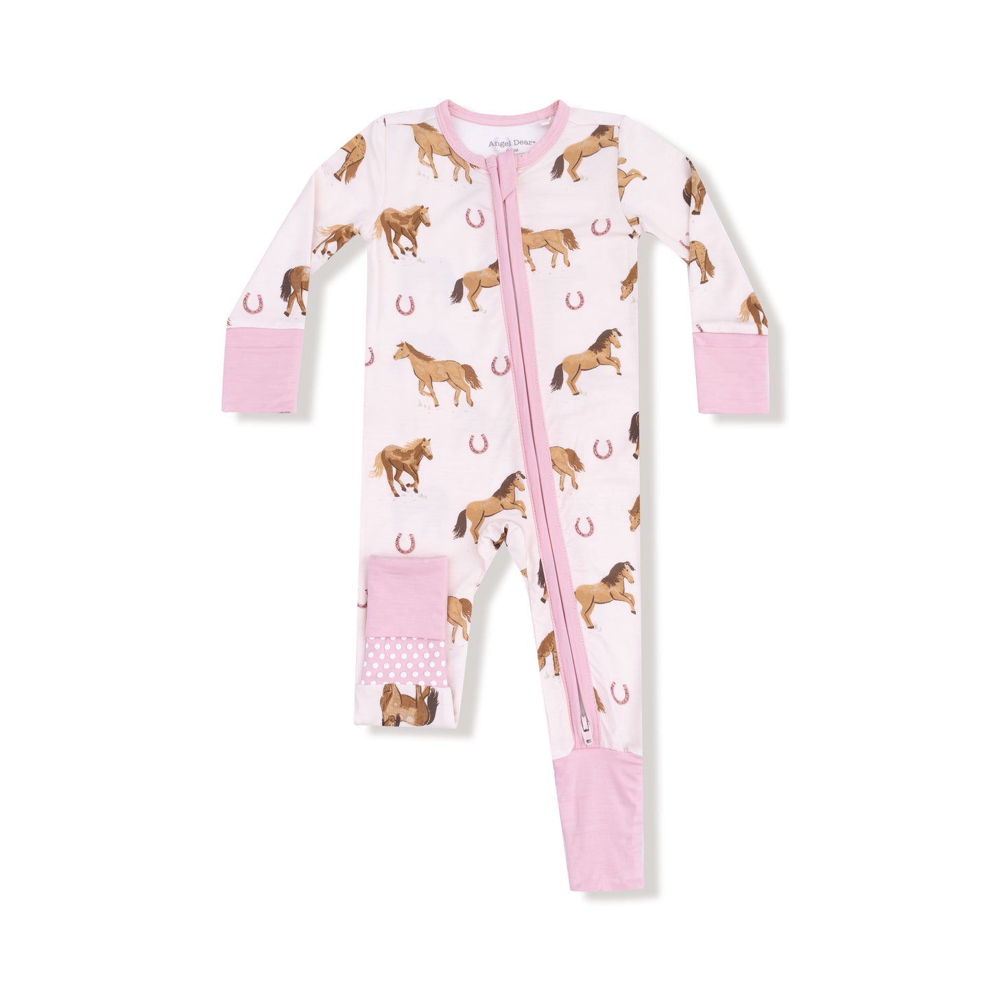 Baby onesie with horse pattern and pink accents on a white background