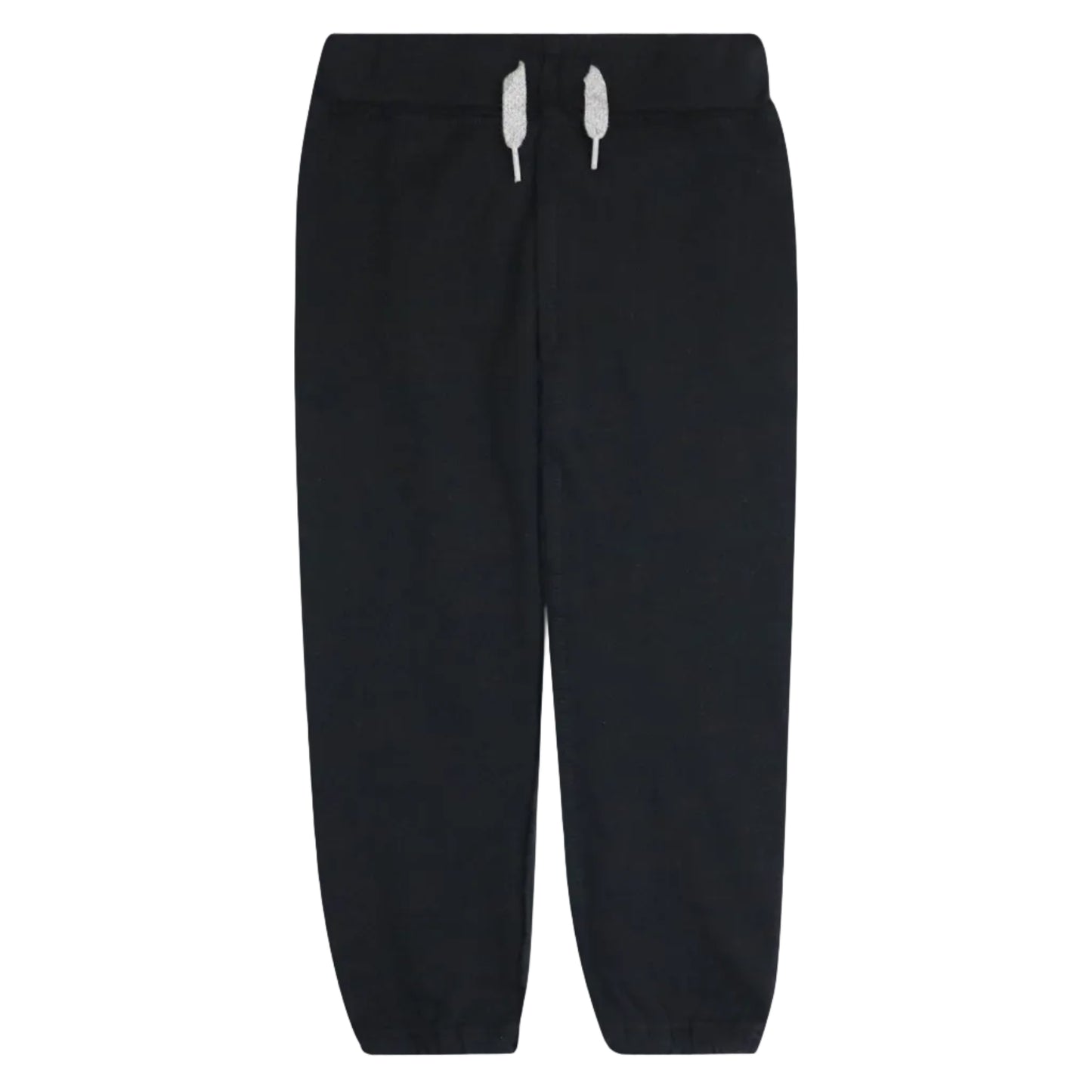 Black sweatpants with white drawstrings on a light gray background