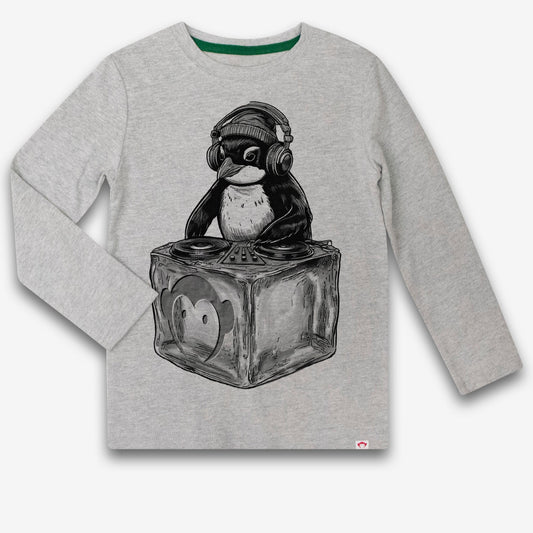 Gray long-sleeve shirt with a penguin DJ graphic on a white background