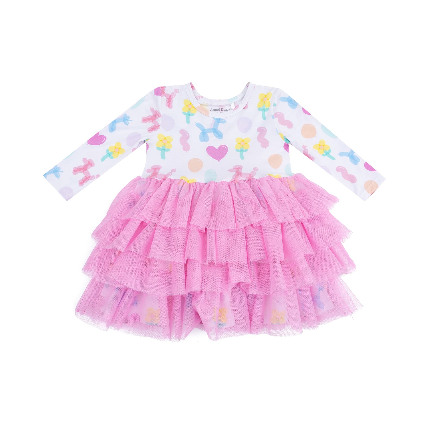 Pink dress with colorful patterns on a white background