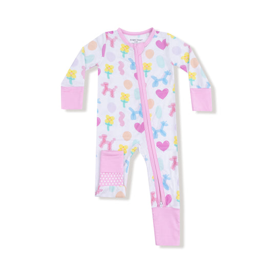 Baby onesie with colorful patterns on a white background