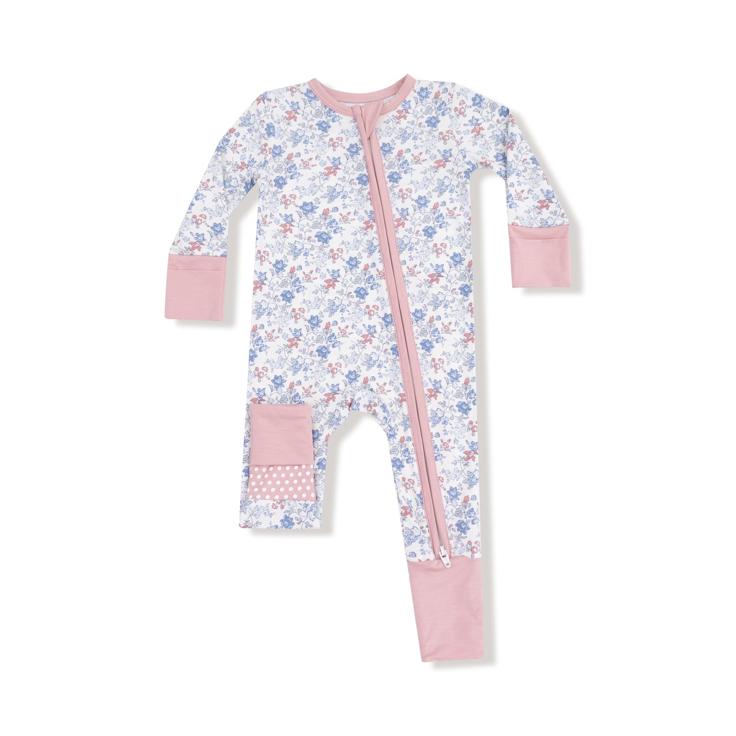 Floral baby onesie with pink accents on a white background