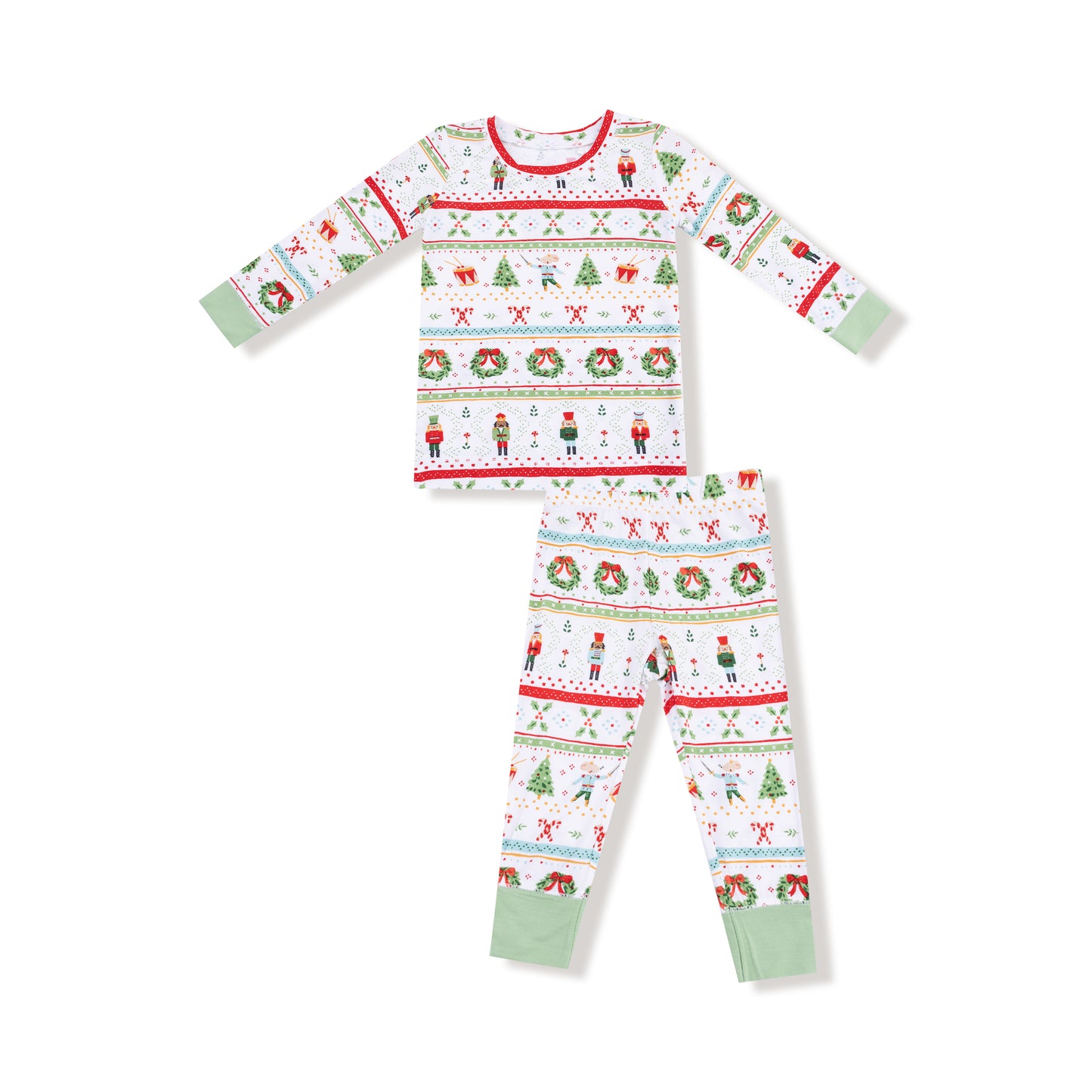 Children's Christmas-themed pajama set with patterns on a white background